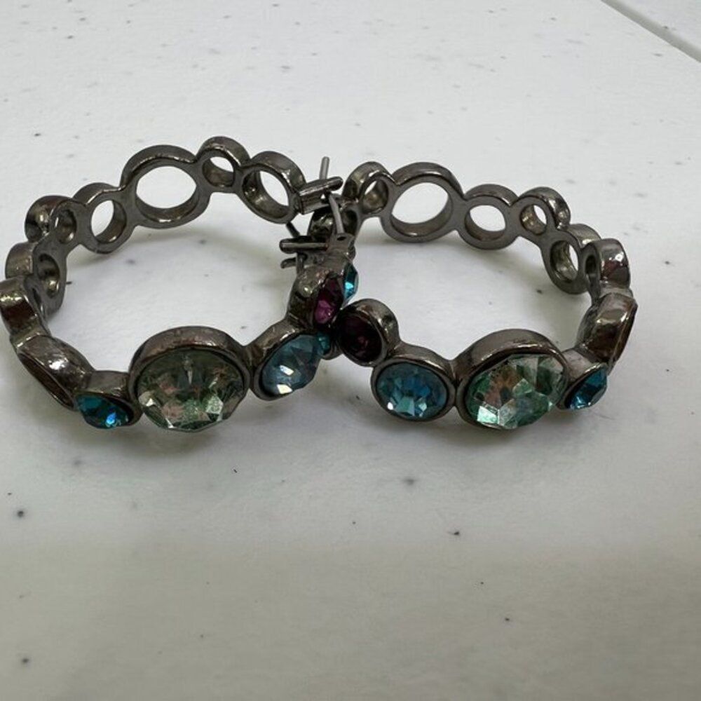 Blue‎ Rhinestone Hoop Earrings Gunmetal Circle Geometric 1 Inch Purple